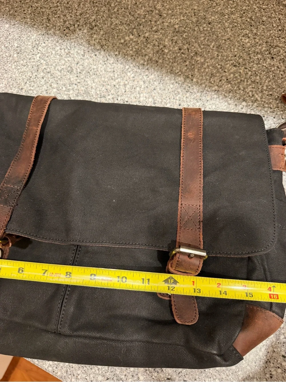 Men's Black Waxed Canvas Messenger Bag with Brown Leather Trim